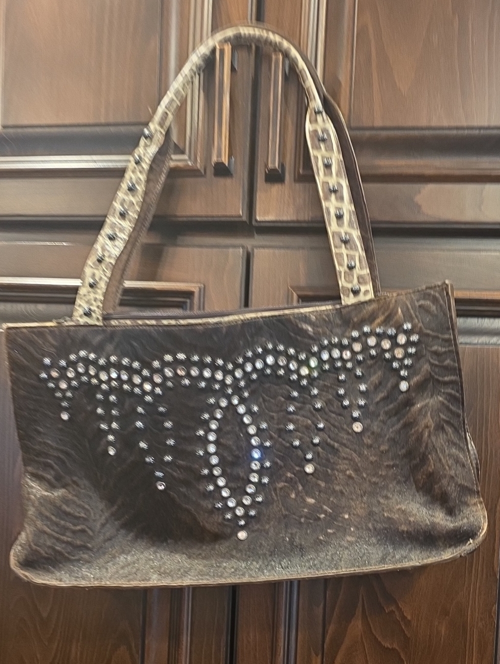 Hair On Hide Studded Brown Tote Bag with Embellished Design